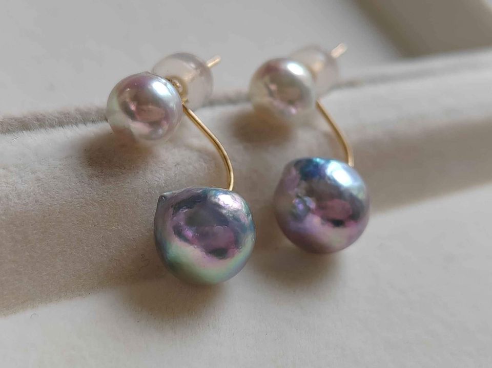 'Aurora' 18k gold two ways earrings genuine akoya pearls 6.2-8.4mm