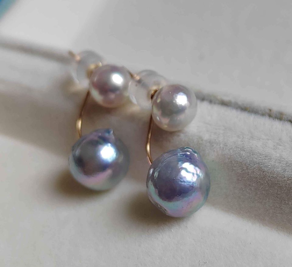 'Aurora' 18k gold two ways earrings genuine akoya pearls 6.2-8.4mm