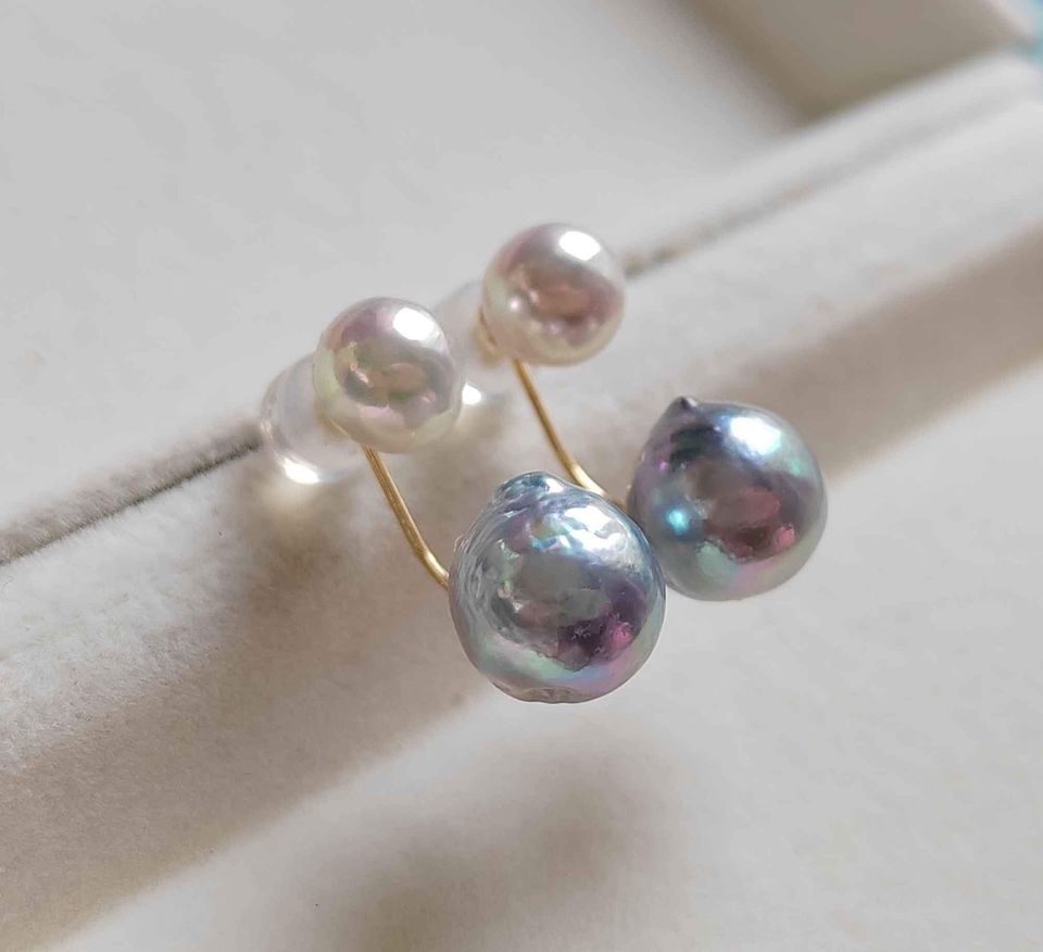 'Aurora' 18k gold two ways earrings genuine akoya pearls 6.2-8.4mm