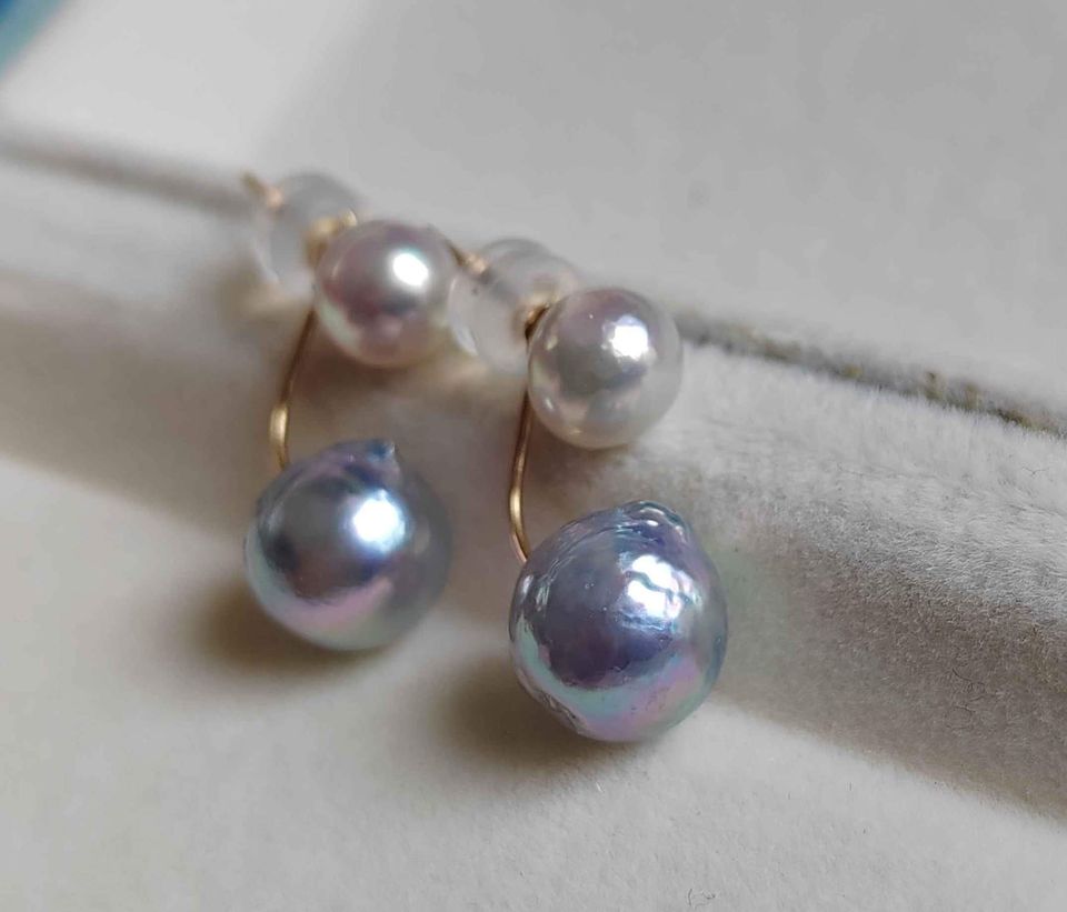 'Aurora' 18k gold two ways earrings genuine akoya pearls 6.2-8.4mm