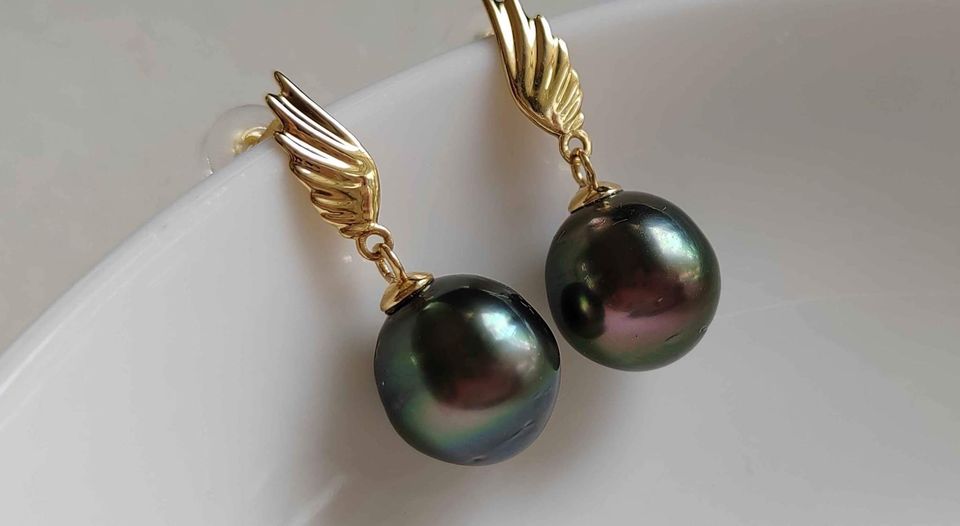 'Wings' 18k gold earrings genuine tahitian south sea pearls 9.2mm