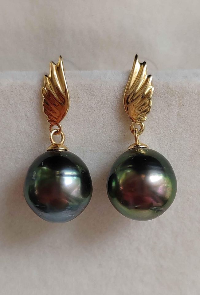 'Wings' 18k gold earrings genuine tahitian south sea pearls 9.2mm