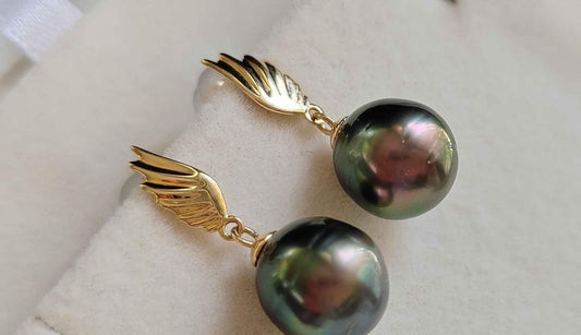 'Wings' 18k gold earrings genuine tahitian south sea pearls 9.2mm