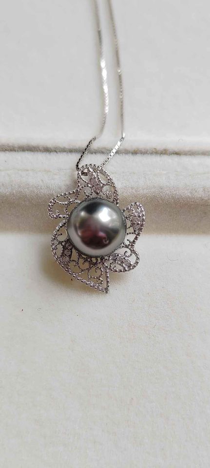 'Silver lacy' necklace genuine tahitian south sea pearl 9.6mm