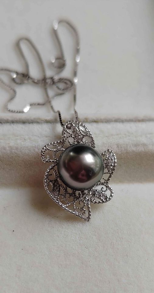 'Silver lacy' necklace genuine tahitian south sea pearl 9.6mm