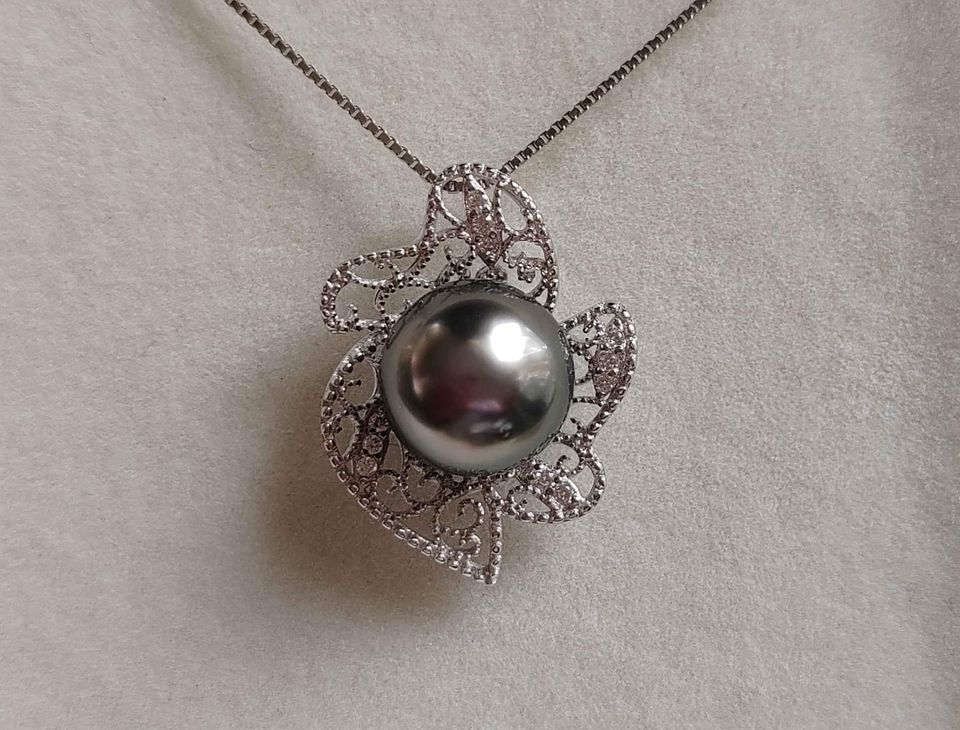 'Silver lacy' necklace genuine tahitian south sea pearl 9.6mm