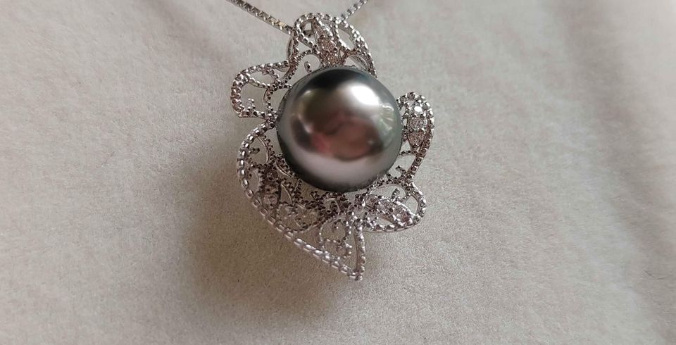 'Silver lacy' necklace genuine tahitian south sea pearl 9.6mm