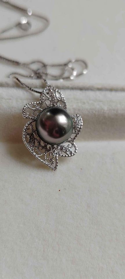 'Silver lacy' necklace genuine tahitian south sea pearl 9.6mm