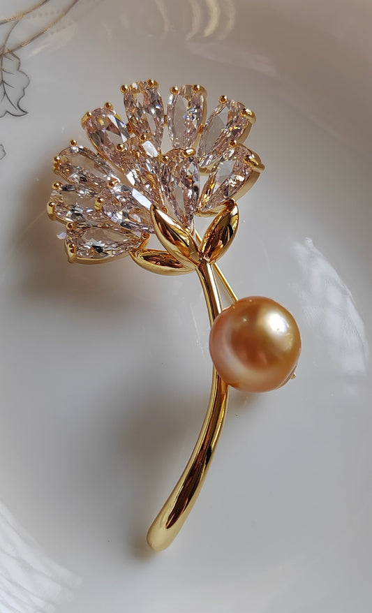 'Golden dandelion' brooch genuine golden south sea pearl 11.2x11.7mm