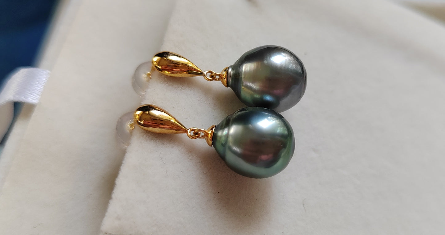 'Lac Bleu' 9k gold earrings genuine tahitian south sea pearls 9.6mm