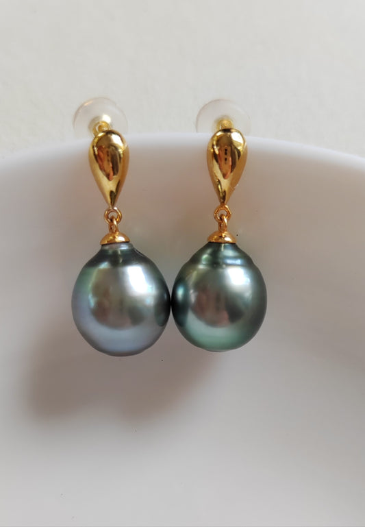 'Lac Bleu' 9k gold earrings genuine tahitian south sea pearls 9.6mm