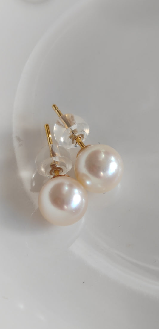 7.4mm Genuine akoya round pearls AAA classic 18k gold earrings studs