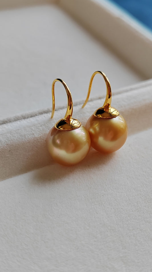 'Sunrise' 9k earrings genuine golden south sea pearls 11.1mm