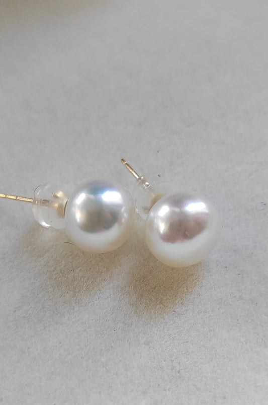 Clearance** 8.5mm Genuine south sea white button pearls 18k gold earrings