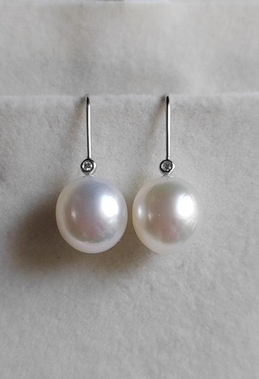 9.3mm Genuine south sea white pearls drop earrings 18ct white gold diamond