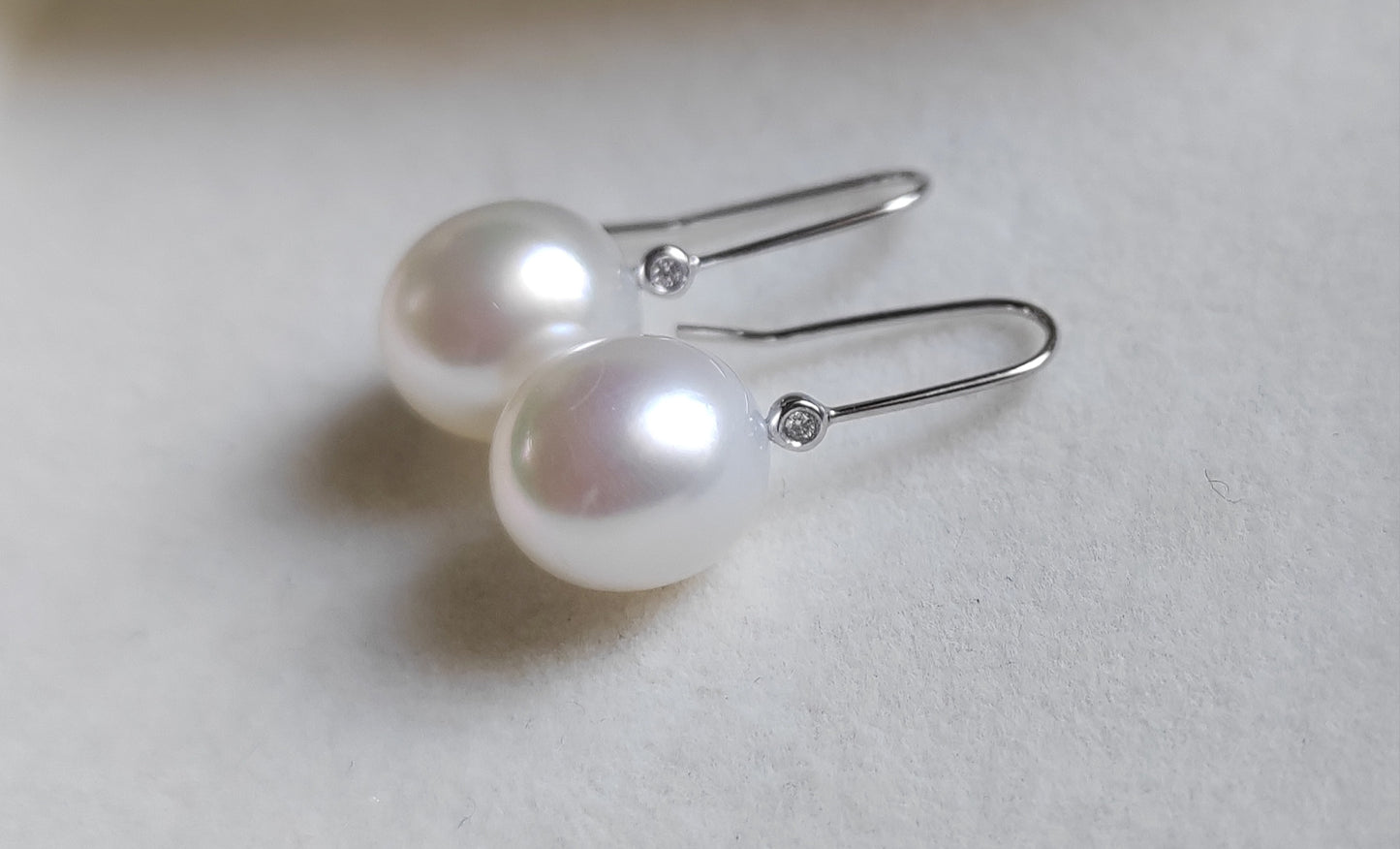 9.3mm Genuine south sea white pearls drop earrings 18ct white gold diamond