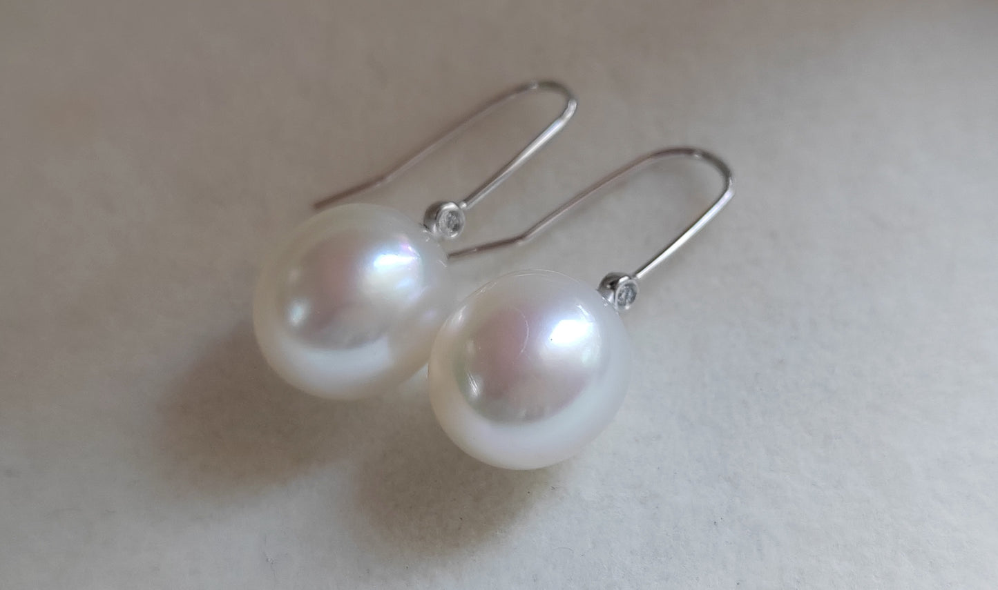 9.3mm Genuine south sea white pearls drop earrings 18ct white gold diamond