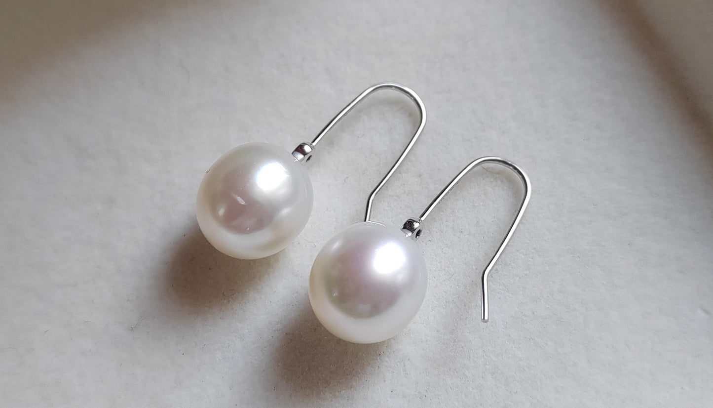 9.3mm Genuine south sea white pearls drop earrings 18ct white gold diamond