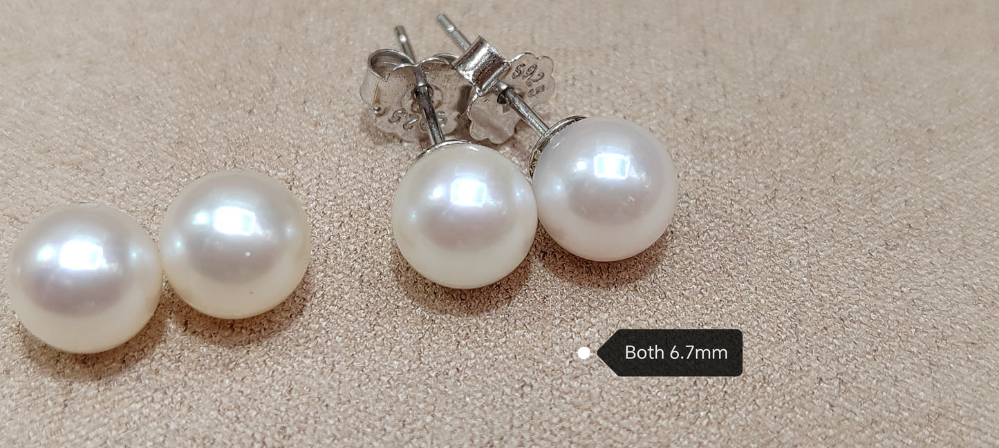 6.7mm AA+ Genuine akoya round pearls classic earrings studs sterling silver