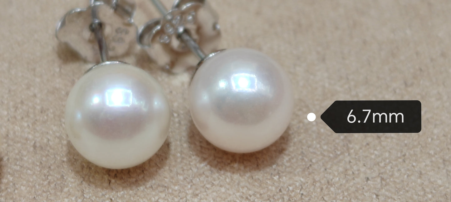 6.7mm AA+ Genuine akoya round pearls classic earrings studs sterling silver