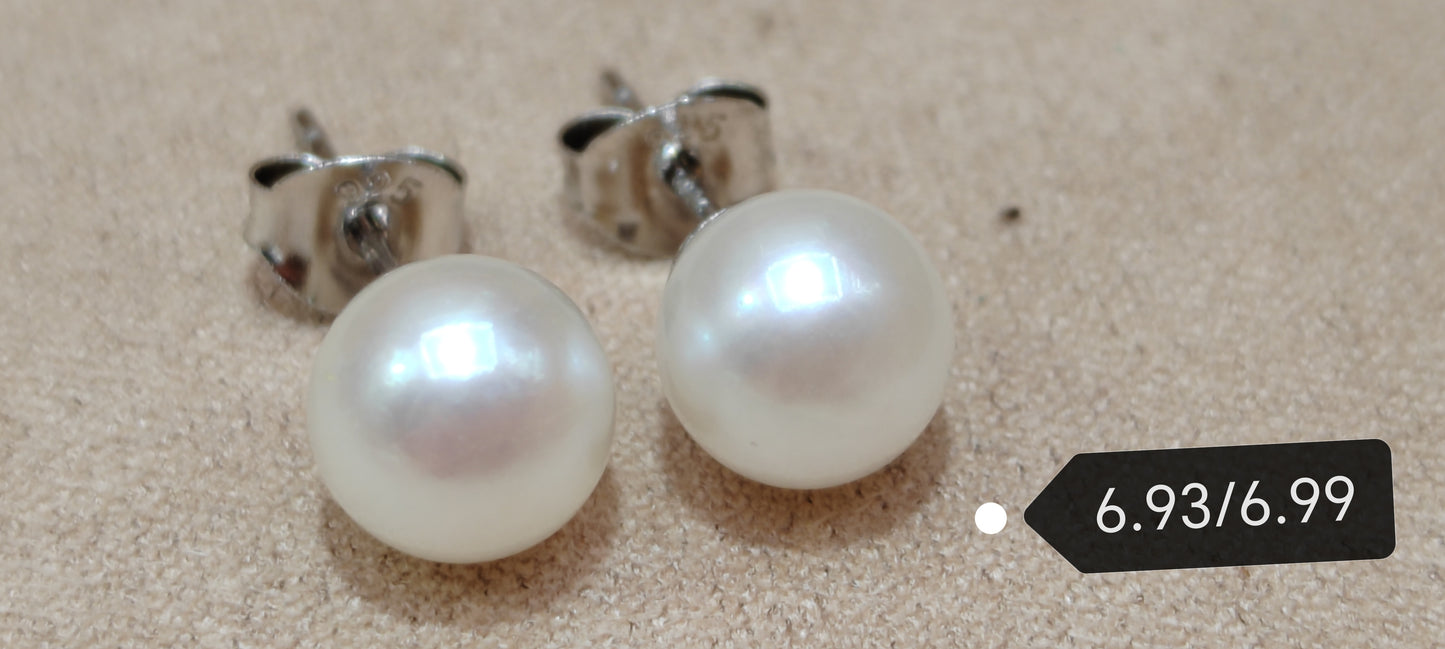 6.9mm AA+Genuine akoya round pearls classic earrings studs sterling silver