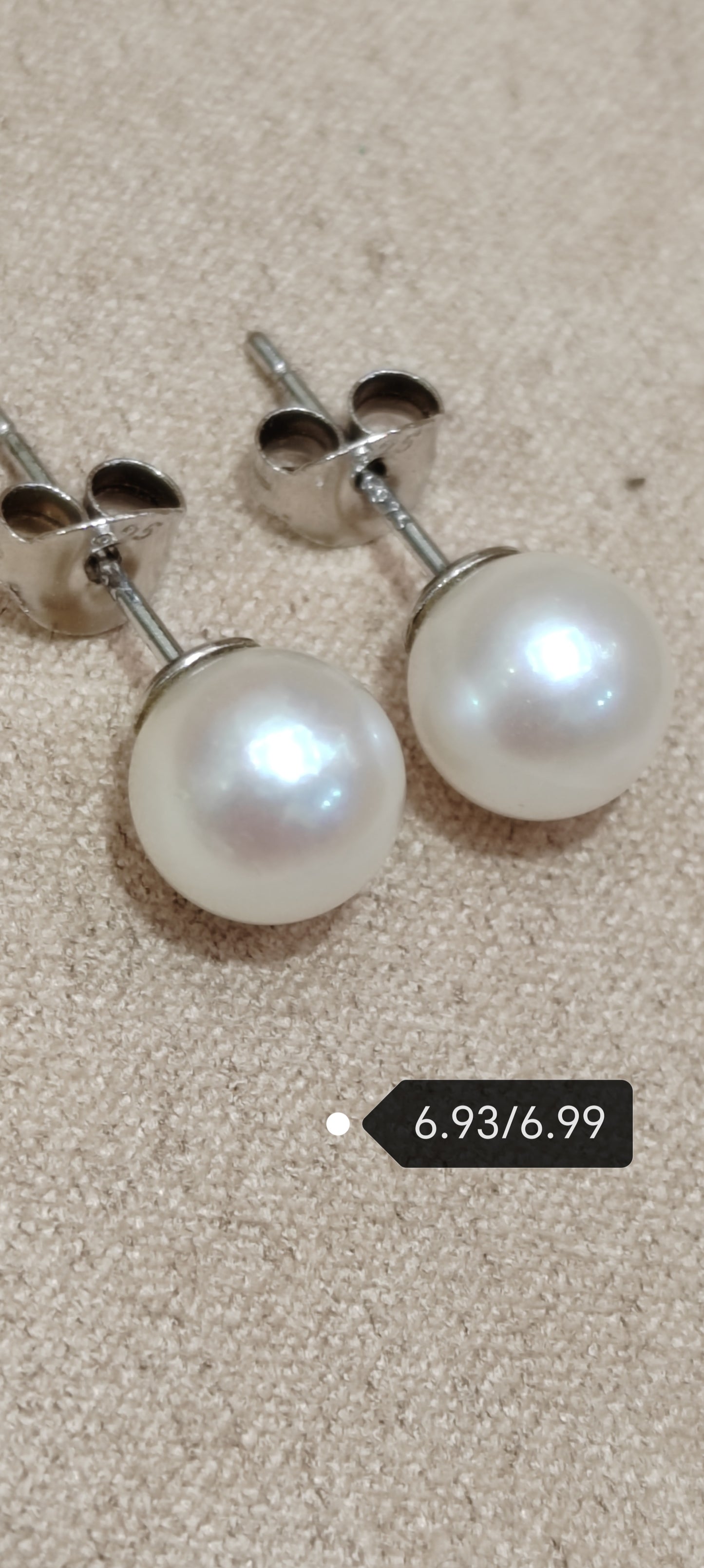 6.9mm AA+Genuine akoya round pearls classic earrings studs sterling silver