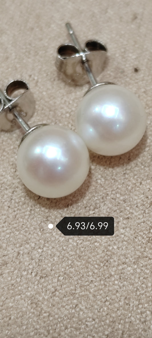 6.9mm AA+Genuine akoya round pearls classic earrings studs sterling silver