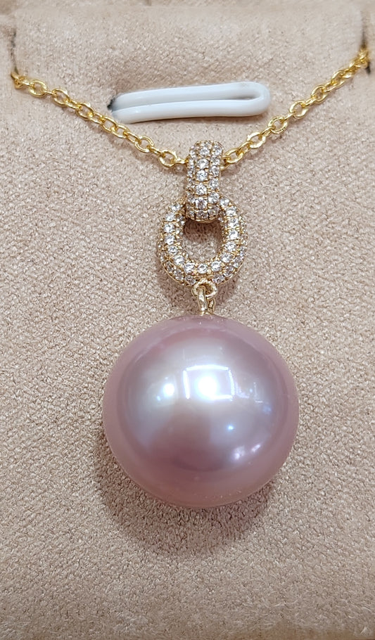 'Pink rose' 18ct gold pendant genuine freshwater pearl 13.4mm AAAA