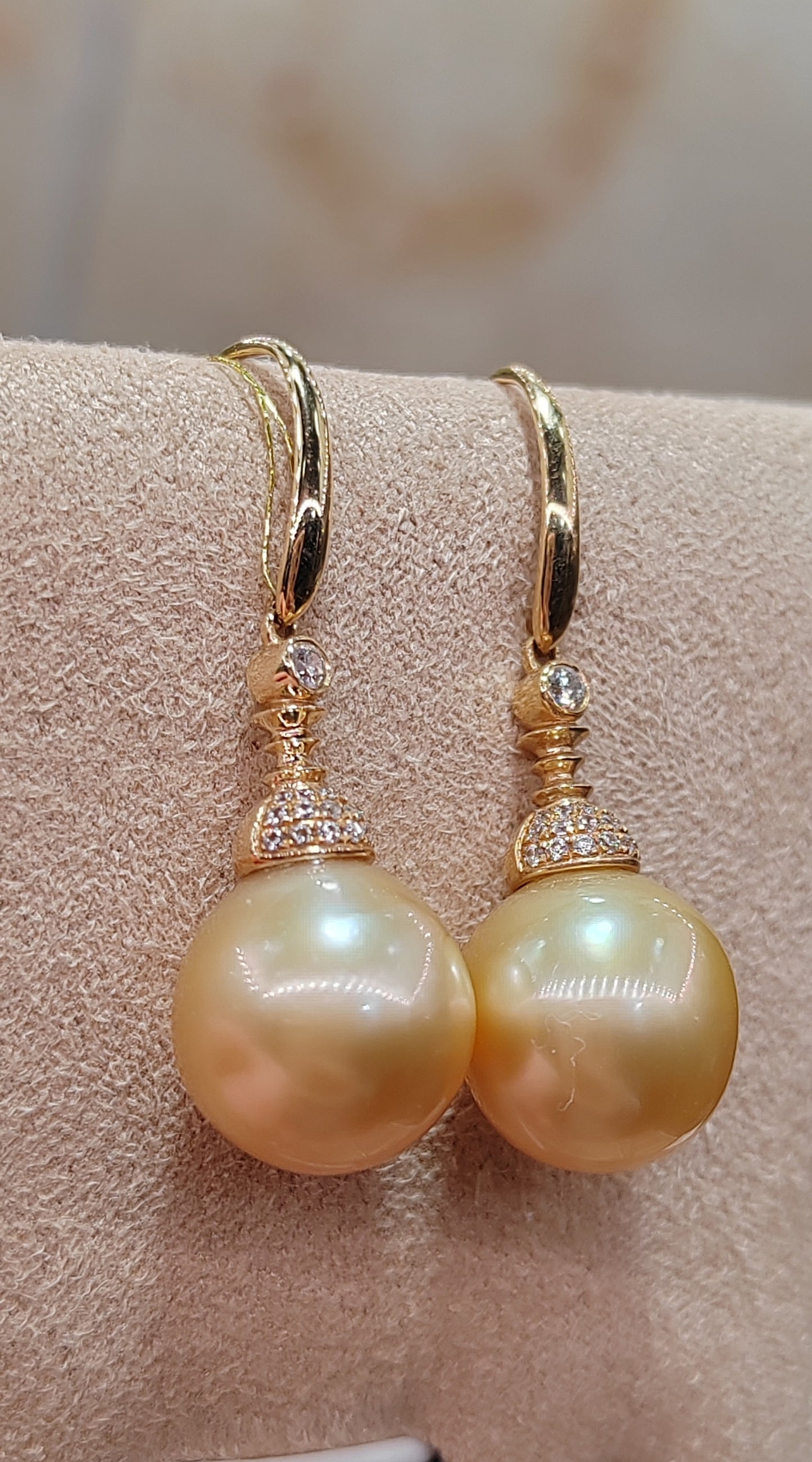 14K gold 10.1mm genuine south sea golden pearls earrings