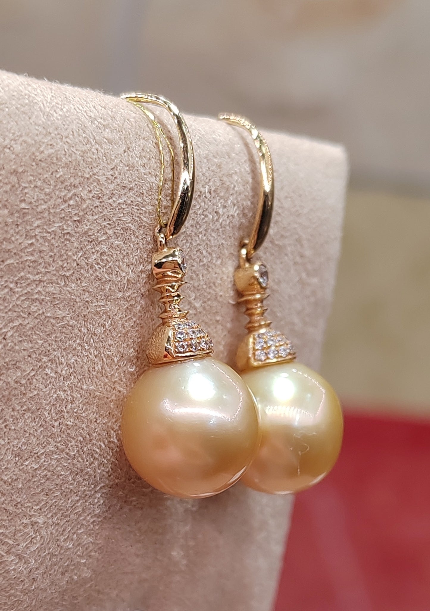 14K gold 10.1mm genuine south sea golden pearls earrings