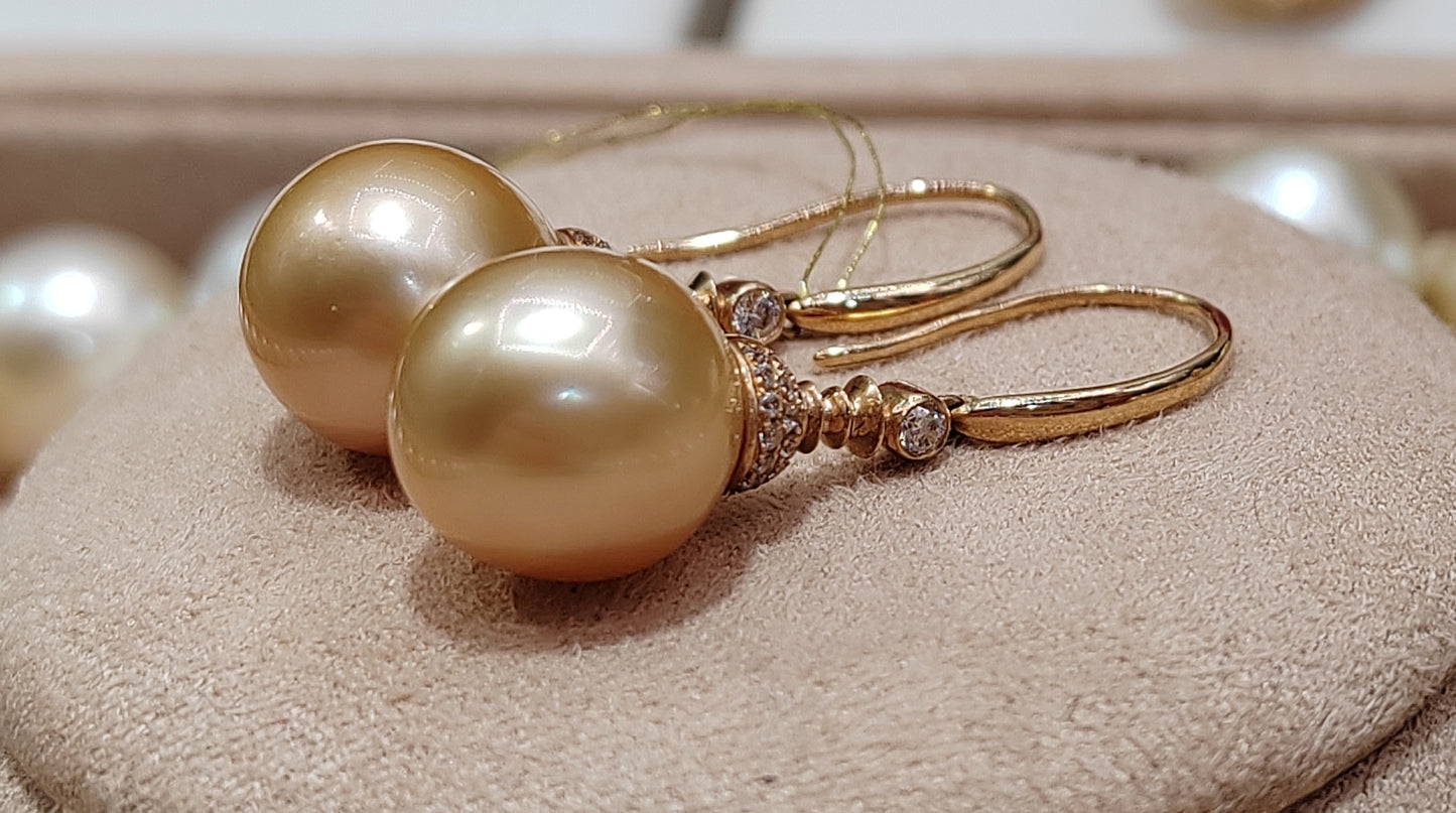 14K gold 10.1mm genuine south sea golden pearls earrings