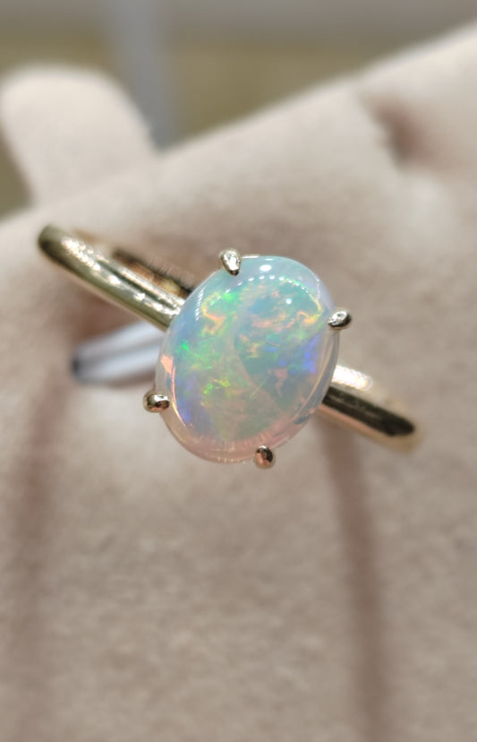 'Summer' Solid Australian Crystal opal 14ct gold solitaire ring size O1/2