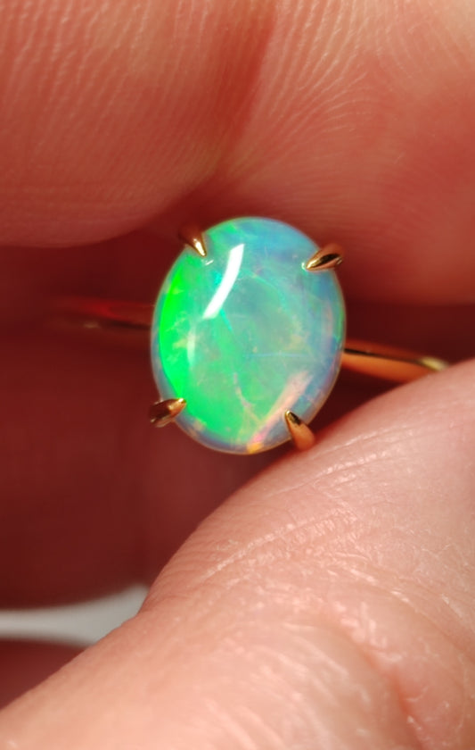 'Green Fairy' 1.73ct Solid Australian Crystal opal 14ct gold solitaire ring