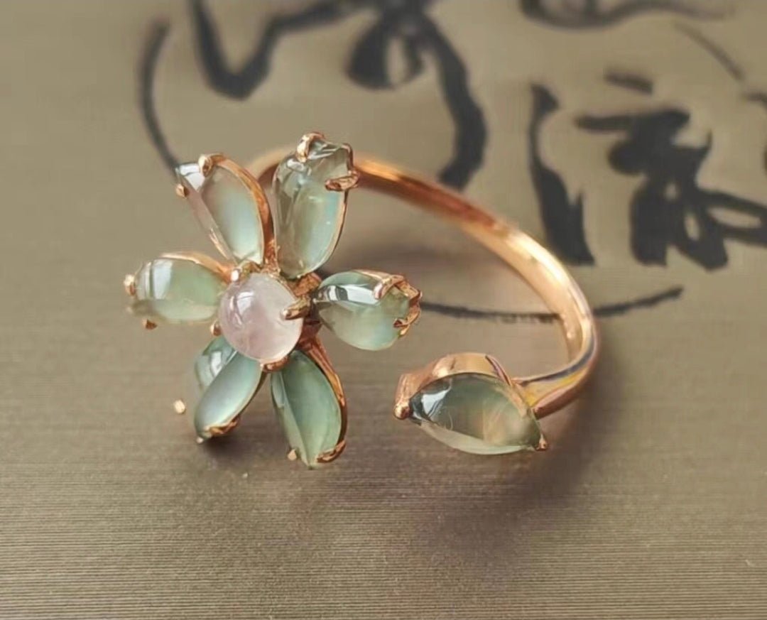 Lily in Giverny-18k rose gold ring genuine Burma jadeite special designed