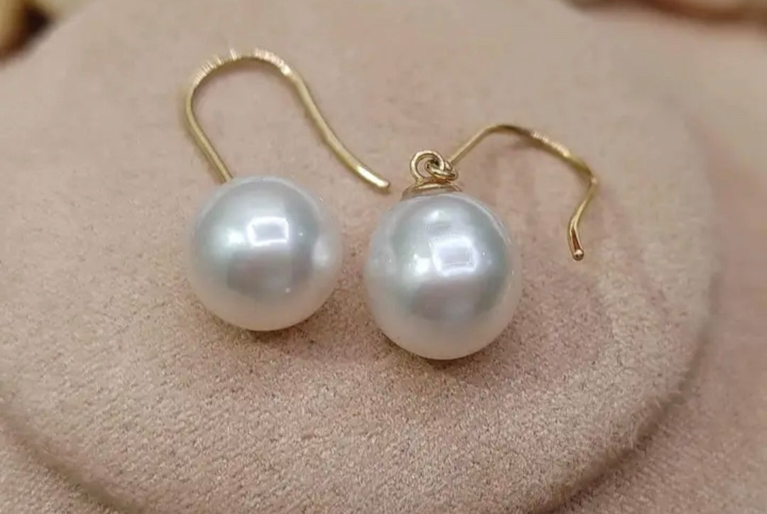 9.1mm Genuine south sea white pearls classic 18k gold dangle earrings