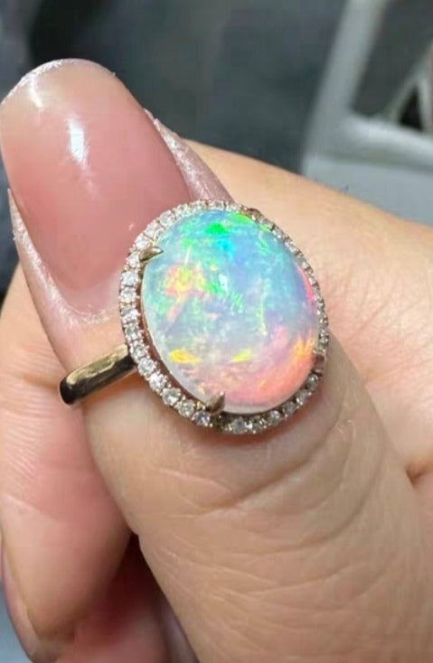 'Rainbow' solid Australian Crystal opal 3.09ct 18ct gold diamond ring