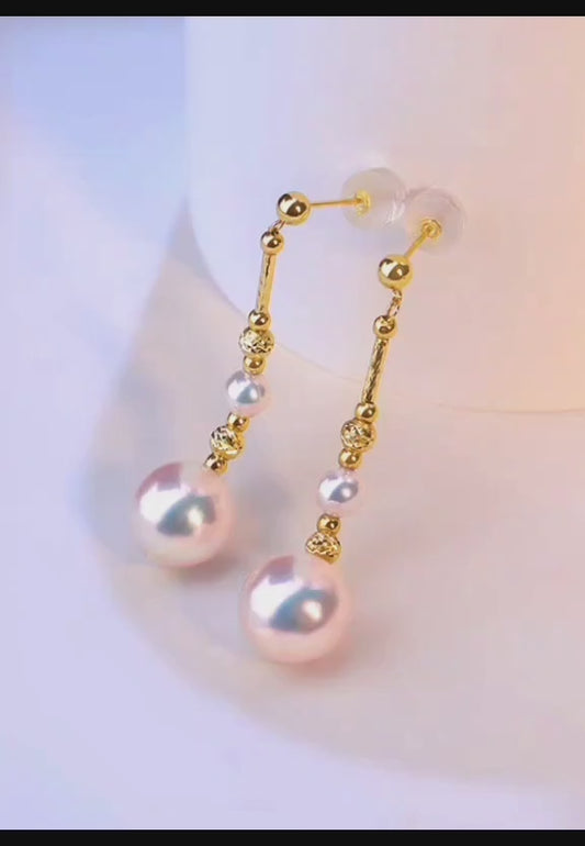 'Glittering' earrings 18k gold genuine Japanese akoya pearls 4.5-8.3mm AAA+
