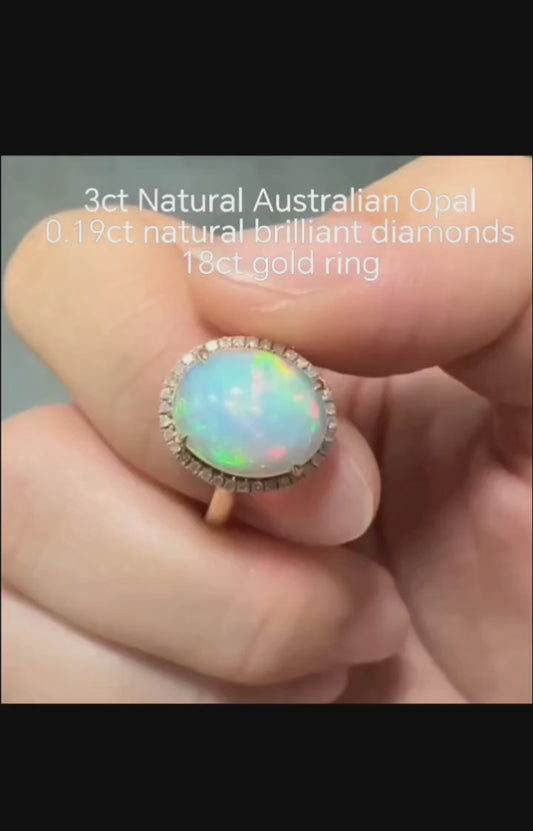 'Rainbow' solid Australian Crystal opal 3.09ct 18ct gold diamond ring