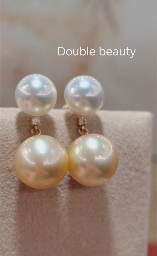 'Double Beauté' 18k gold diamond earrings genuine south sea pearls 8.7-11mm