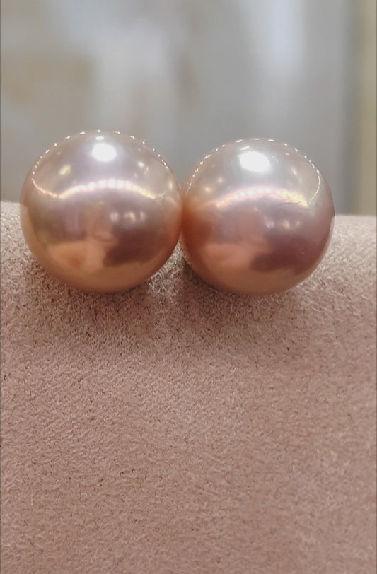 Clearance💝 12.4mm Genuine freshwater pearls 14ct gold earrings studs