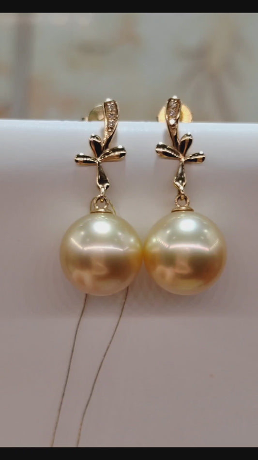 'Golden Lily' 18ct gold diamond earrings genuine golden south sea pearls round AAAA