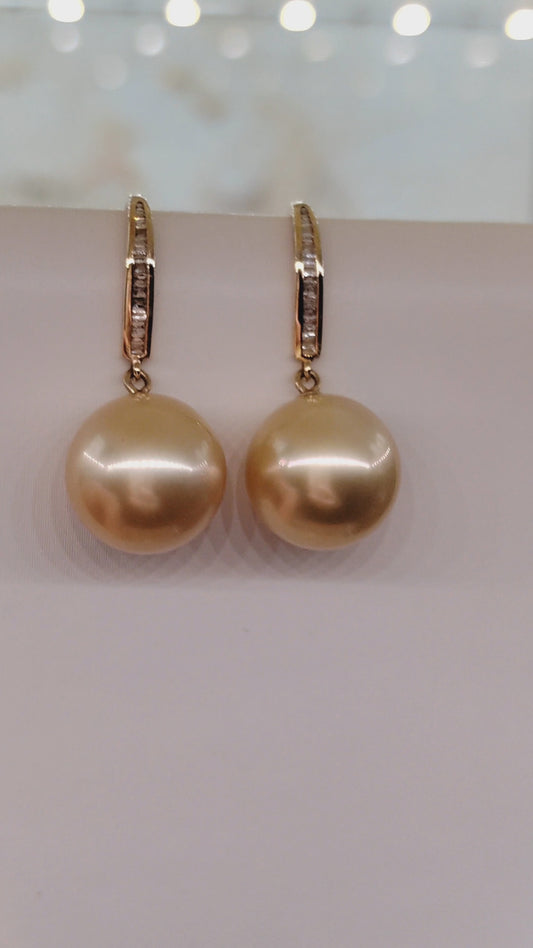 18ct gold diamond classic dangle earrings genuine golden south sea pearls 11.2mm AAA