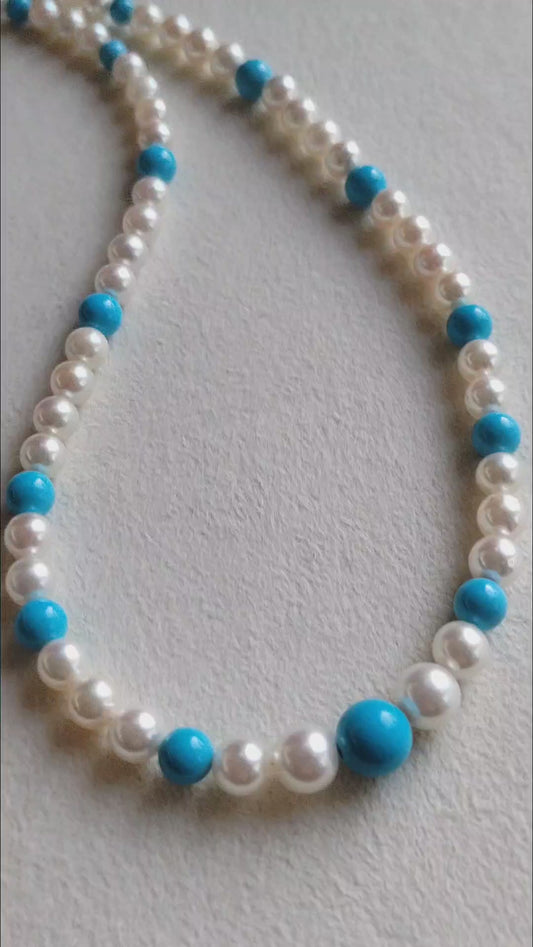 14k gold necklace Natural Sleeping Beauty Turquoise and Genuine Japanese akoya pearls
