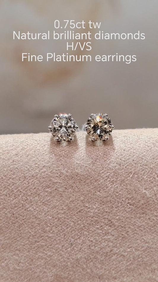 0.75ct Natural brilliant diamonds fine Platinum Pt950 earrings