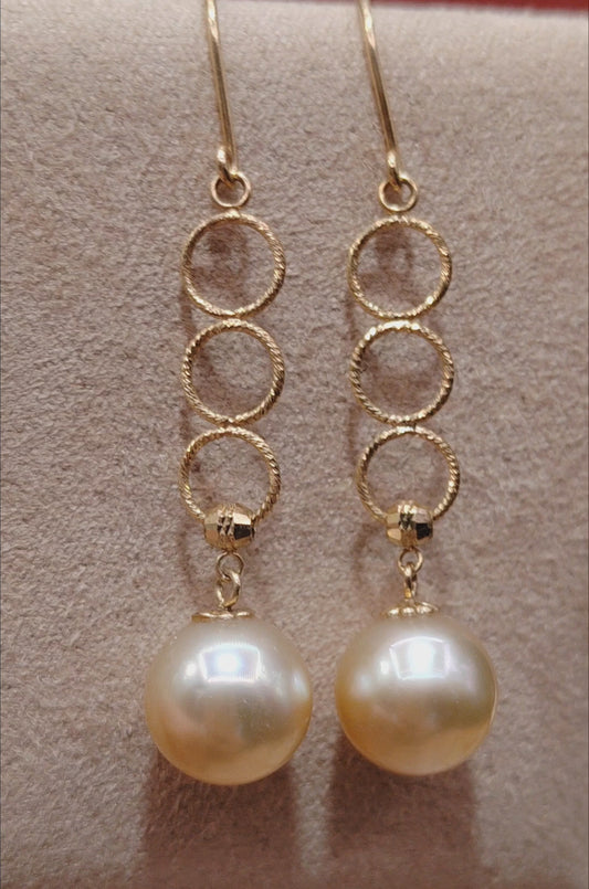 'Dangle dangle' 18ct gold earrings genuine golden south sea pearls round 8.2mm