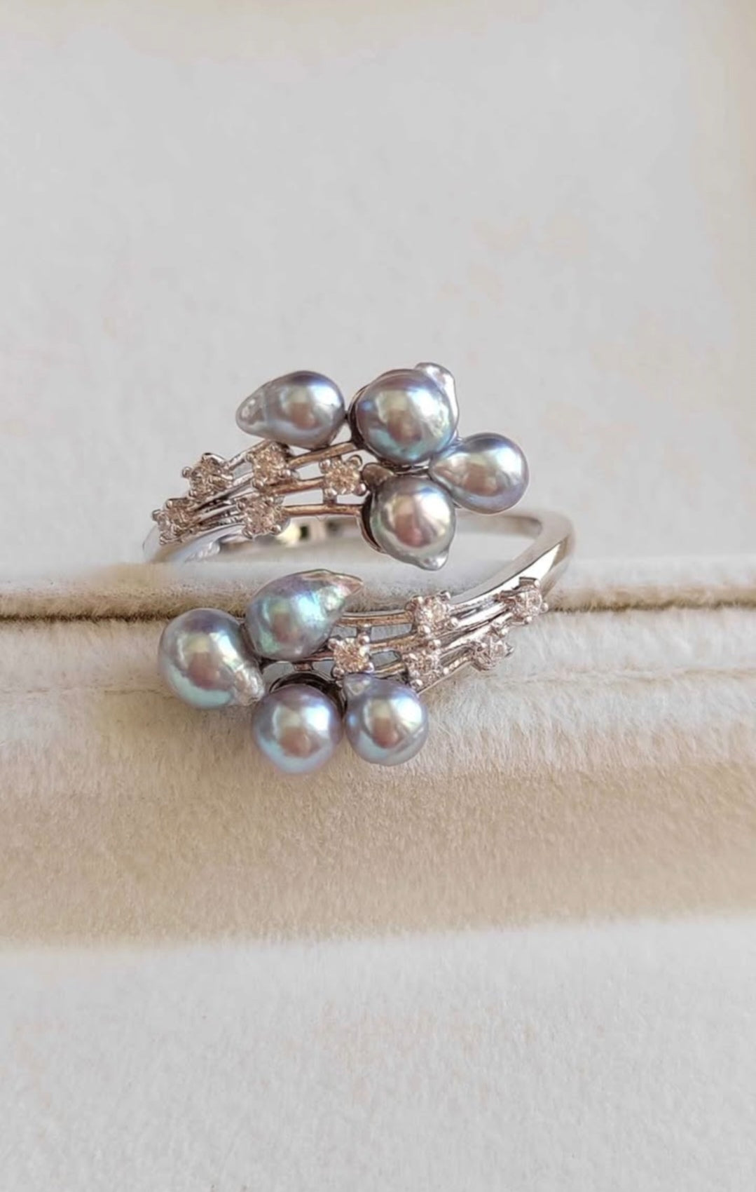 'Silver Meteor' ring genuine Japanese akoya pearls 3.6-4.1mm