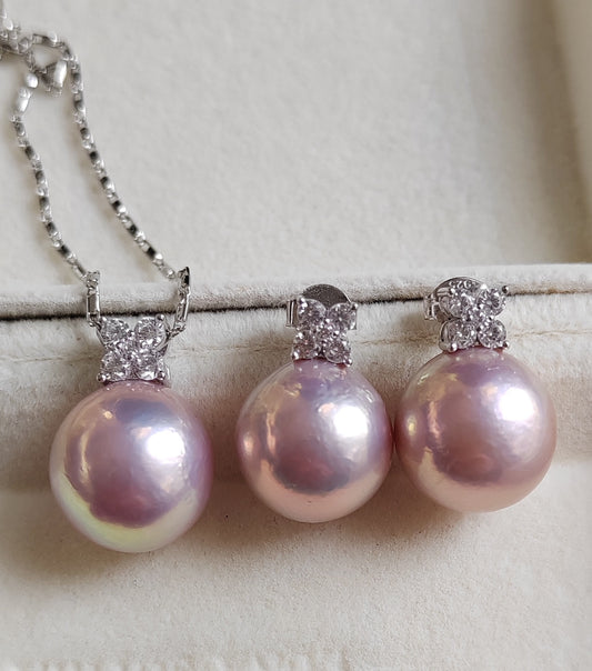 'Silver Clovers' jewelry set Genuine freshwater pearls 13-13.4mm