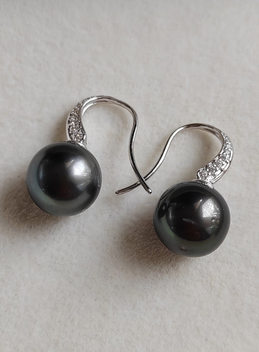 10.4mm Genuine tahitian south sea pearls round classic earrings sterling silver