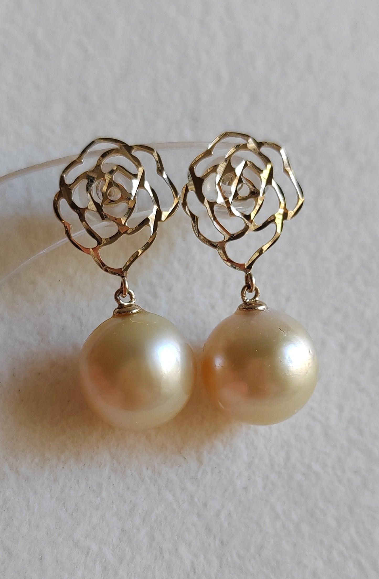 'Camellia' earrings 10k gold genuine golden south sea pearl 10.4mm Round