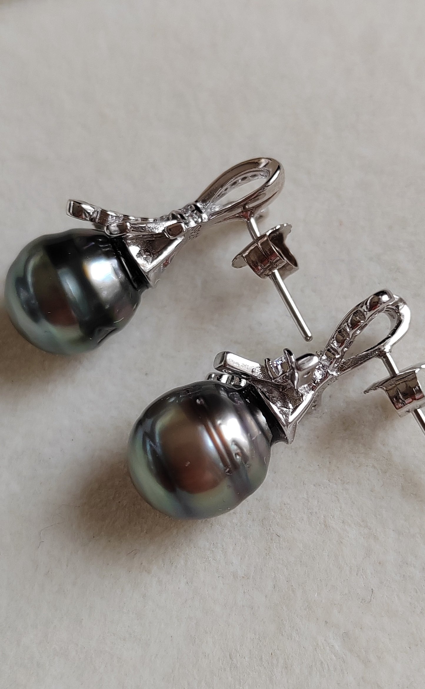 Art Deco earrings silver Genuine tahitian pearls 10.3mm